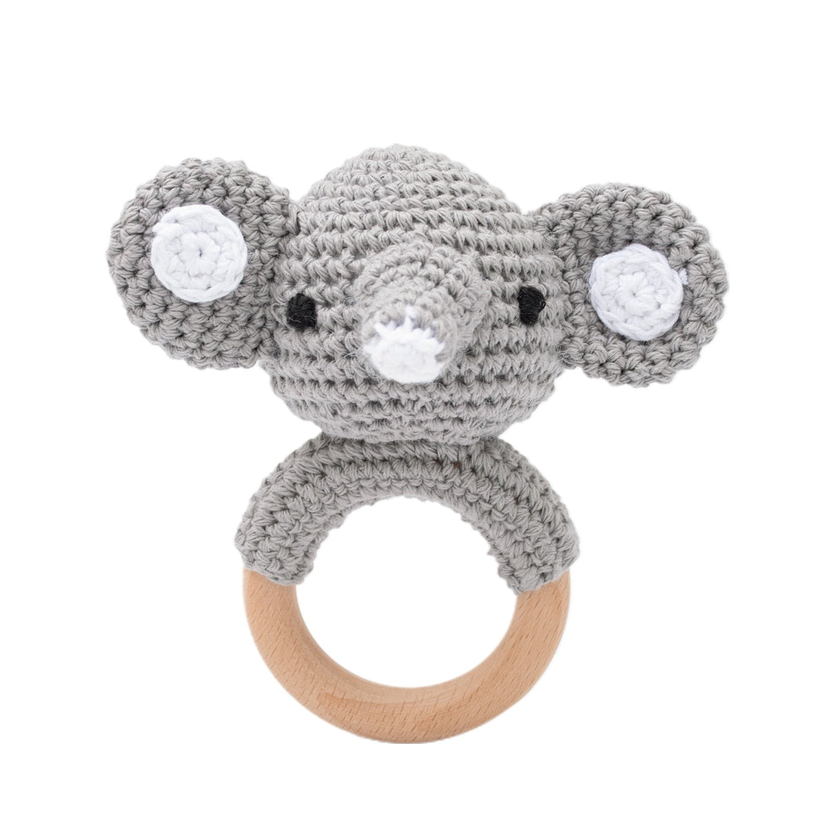 Crochet Baby Teether with Wooden Ring and Animal Design