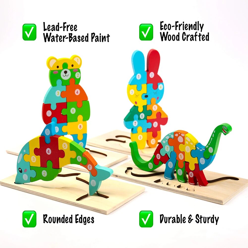 Wooden Animal Puzzles, Numbered 4-Pack for Toddlers
