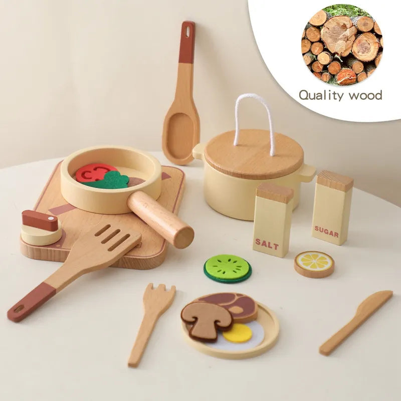 Wooden Kitchen Playset with Cooking Utensils and Food
