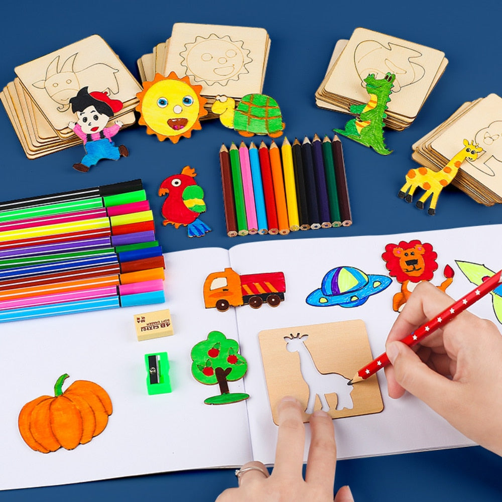 Wooden Drawing Stencils with 20 Engraved Templates