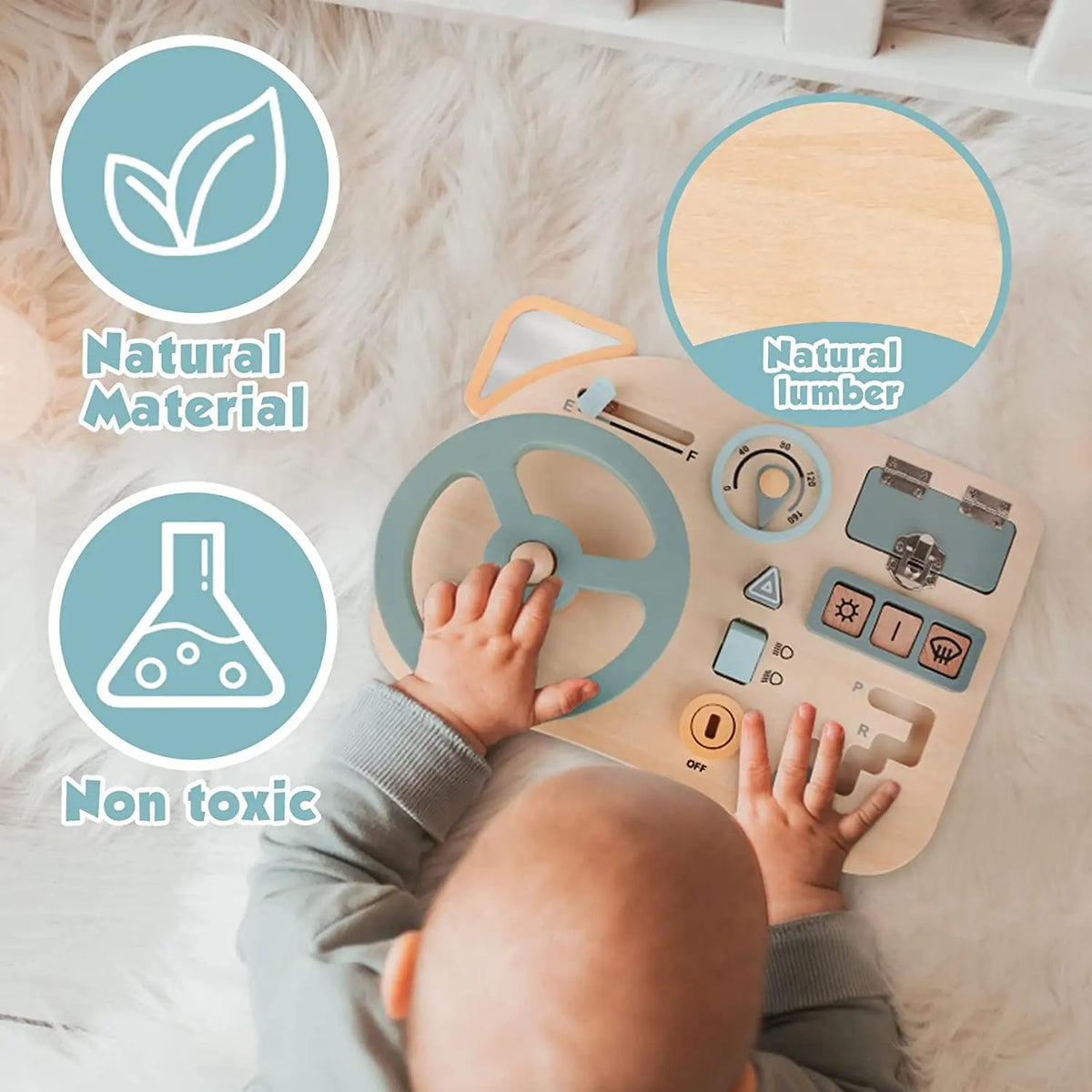 Wooden Steering Wheel Toy Dashboard with Interactive Controls
