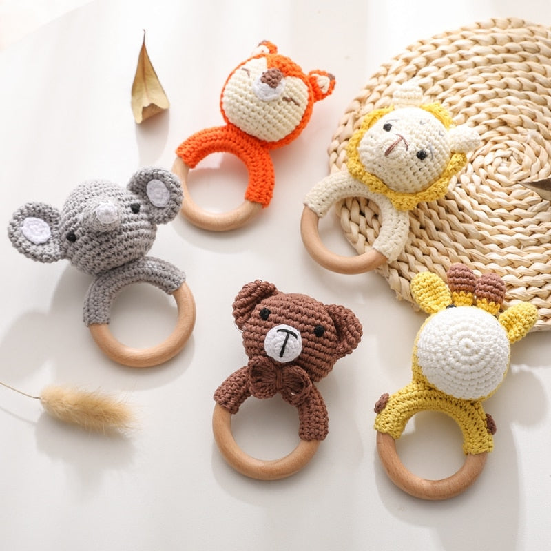 Crochet Baby Teether with Wooden Ring and Animal Design