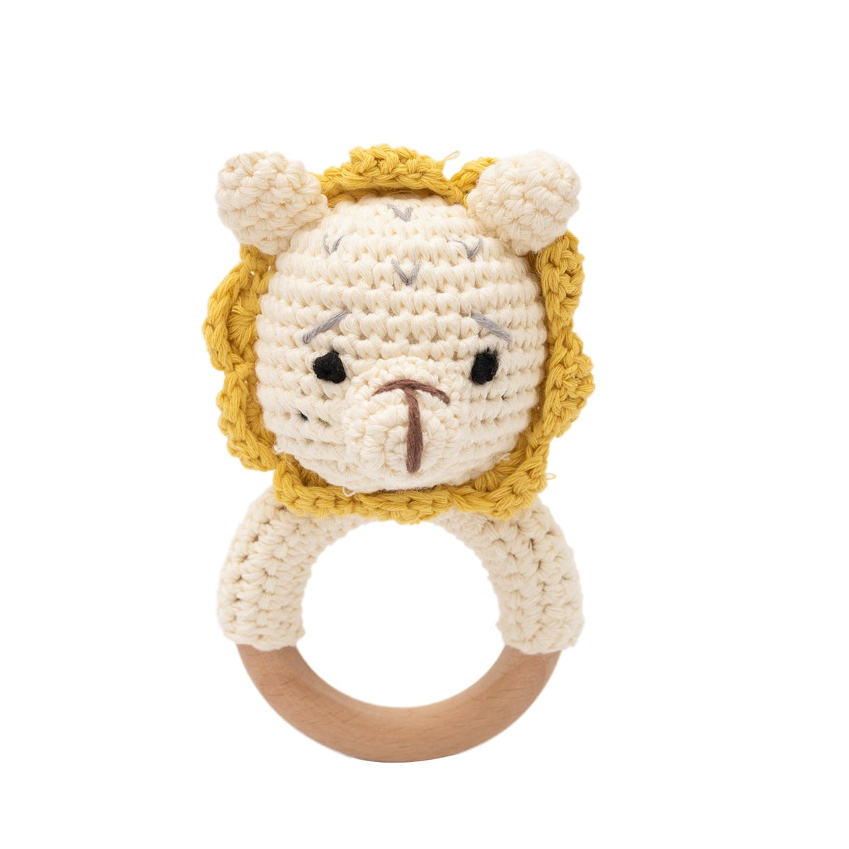Crochet Baby Teether with Wooden Ring and Animal Design