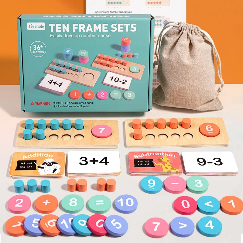 Ten Frame Math Toy Set with Counting Cards and Wooden Blocks