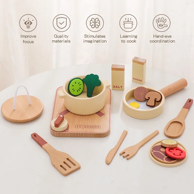 Wooden Kitchen Playset with Cooking Utensils and Food