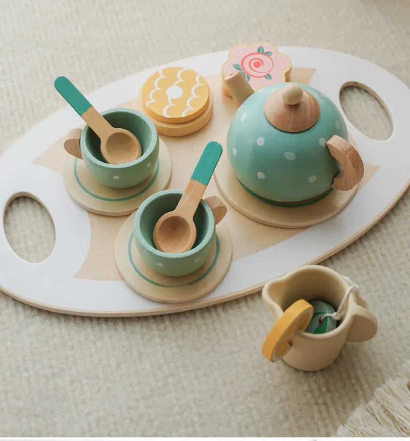 Wooden Tea Set for Pretend Play with Polka Dot Teapot