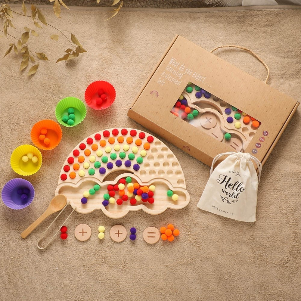 Wooden Rainbow Sorting Toy with Colorful Balls & Clip