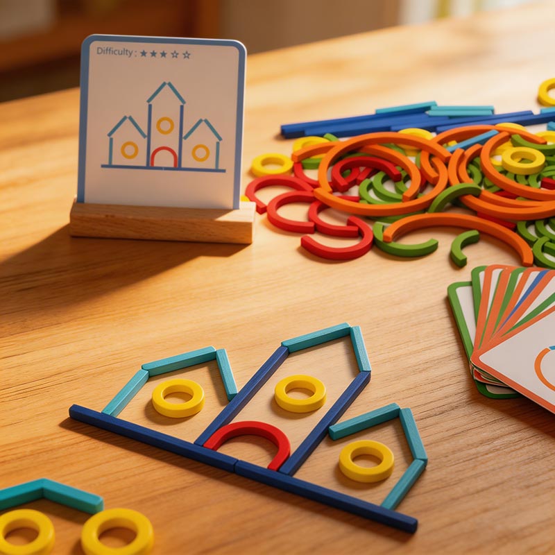 Pattern Building Game with Wooden Sticks and Challenge Cards