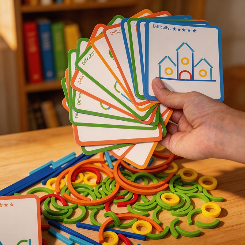 Pattern Building Game with Wooden Sticks and Challenge Cards