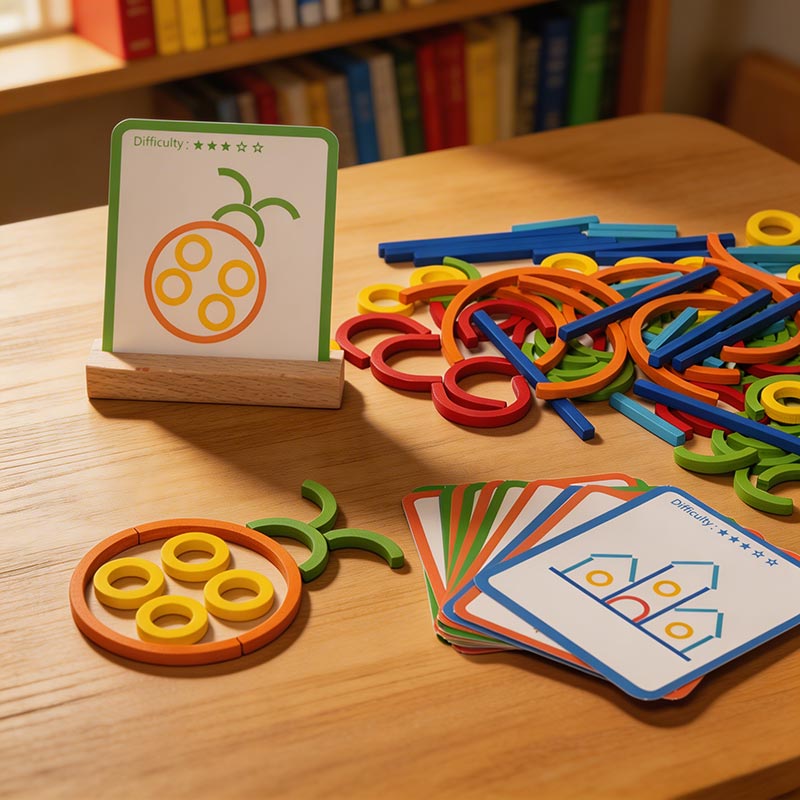 Pattern Building Game with Wooden Sticks and Challenge Cards