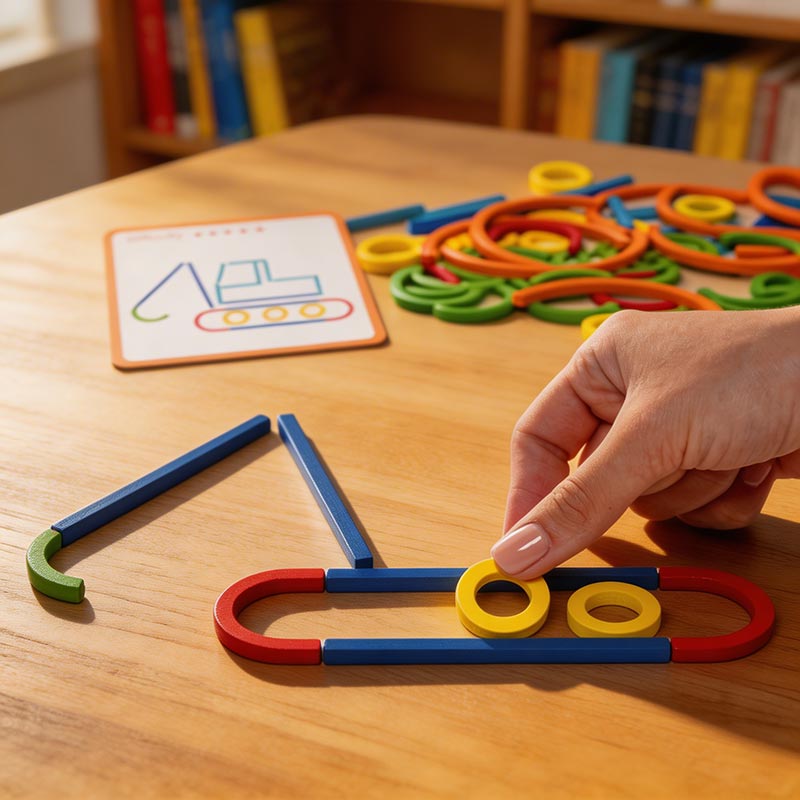 Pattern Building Game with Wooden Sticks and Challenge Cards