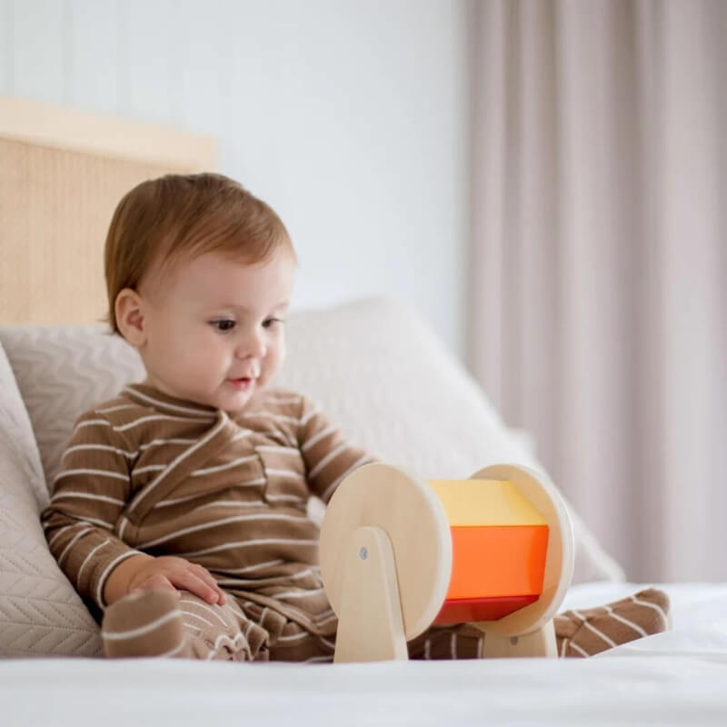 Spinning Drum Toy with Wooden Stand and Colorful Panels