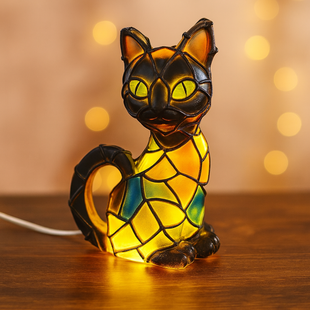 Table Lamp Cat Stained Glass Style Decorative Light
