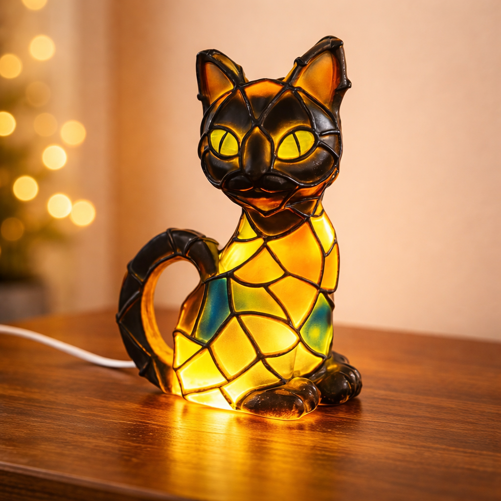 Table Lamp Cat Stained Glass Style Decorative Light
