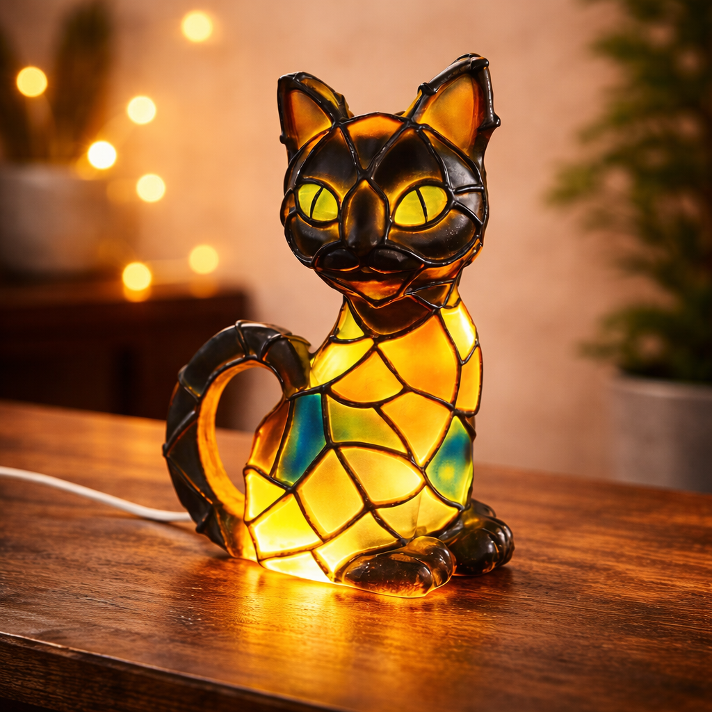 Table Lamp Cat Stained Glass Style Decorative Light