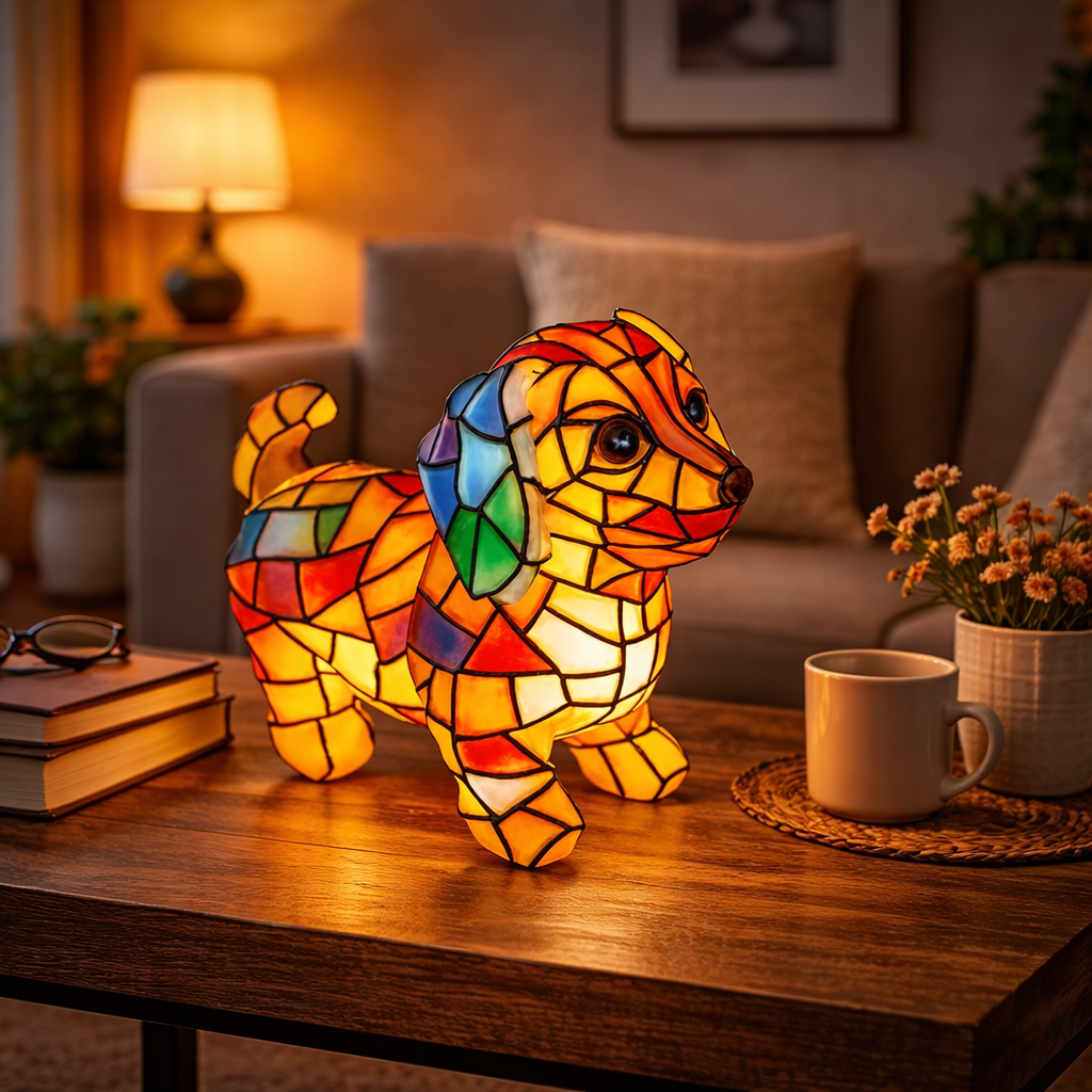 Table Lamp Dog Figurine Stained Style Decorative Accent Light