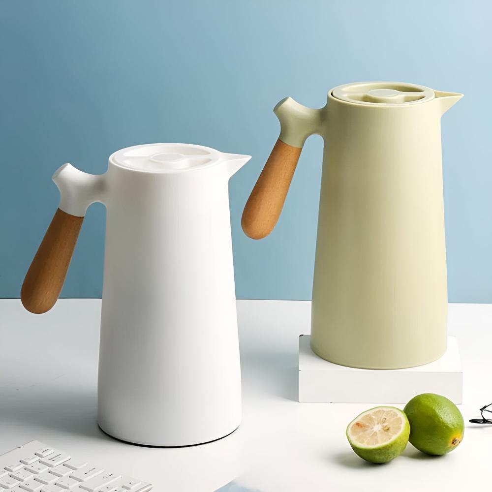 Thermal Carafe Insulated Coffee Pot Wooden Handle Server