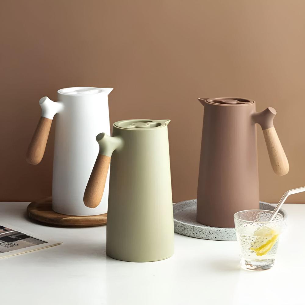 Thermal Carafe Insulated Coffee Pot Wooden Handle Server