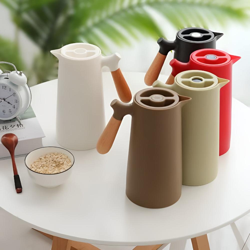 Thermal Carafe Insulated Coffee Pot Wooden Handle Server