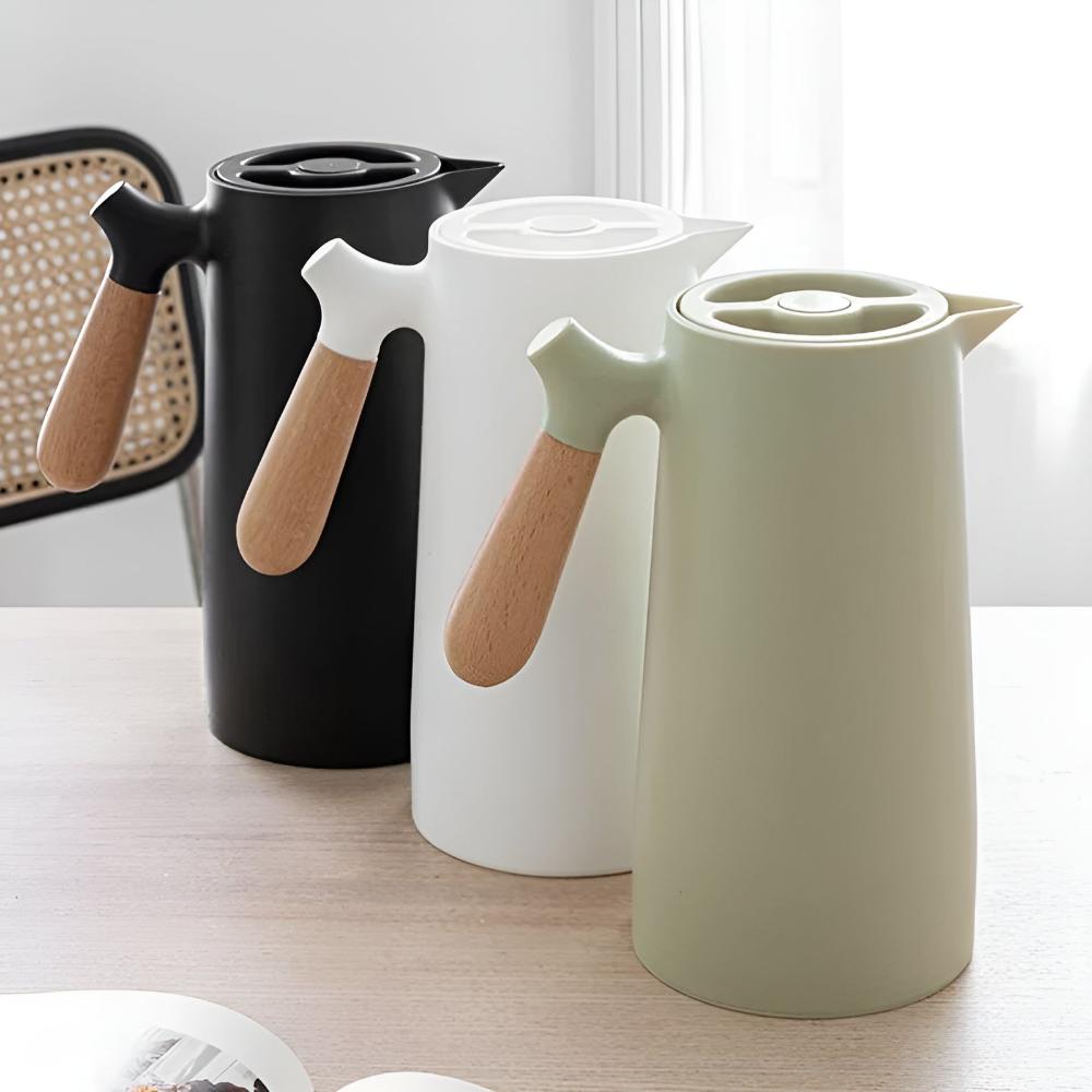 Thermal Carafe Insulated Coffee Pot Wooden Handle Server