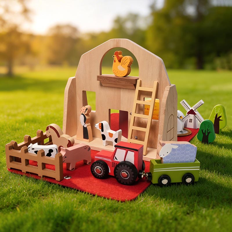 Portable Farm Playset with Wooden Animals and Carry Bag