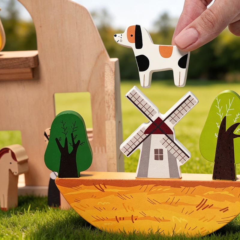 Portable Farm Playset with Wooden Animals and Carry Bag