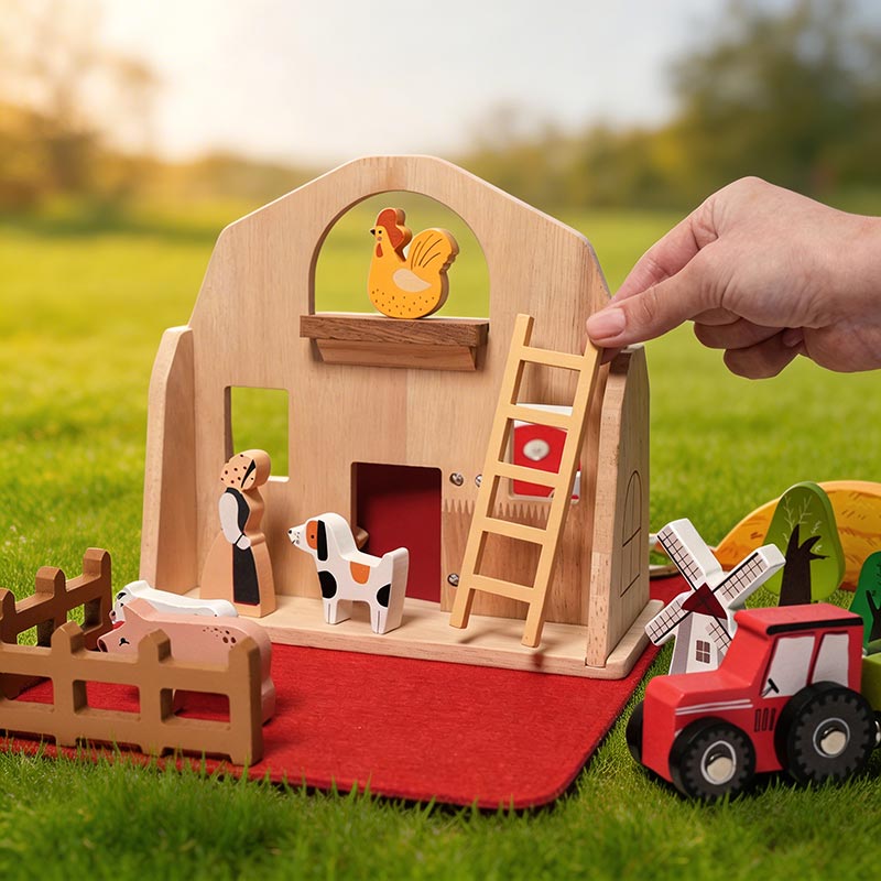 Portable Farm Playset with Wooden Animals and Carry Bag