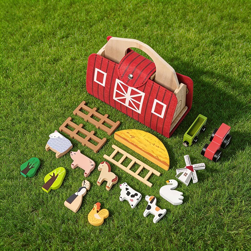 Portable Farm Playset with Wooden Animals and Carry Bag