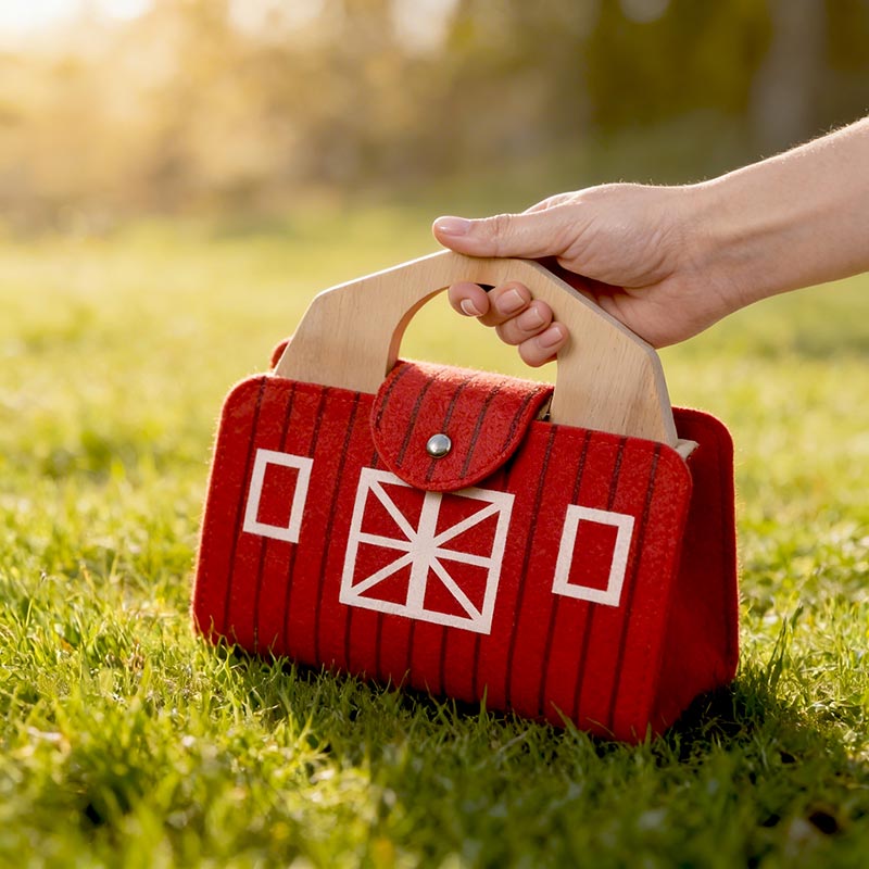 Portable Farm Playset with Wooden Animals and Carry Bag