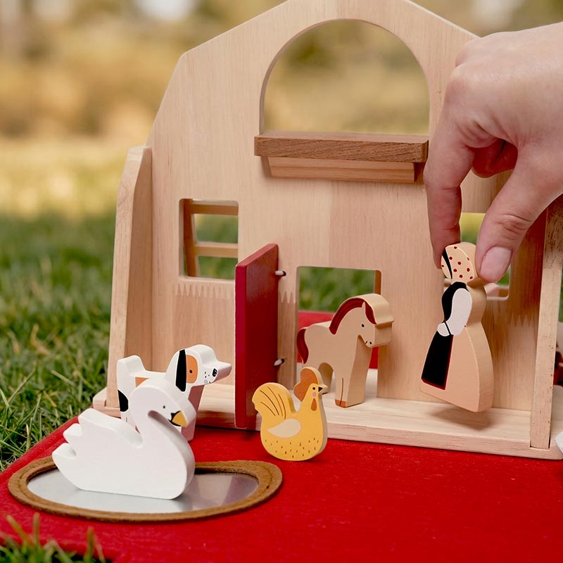 Portable Farm Playset with Wooden Animals and Carry Bag
