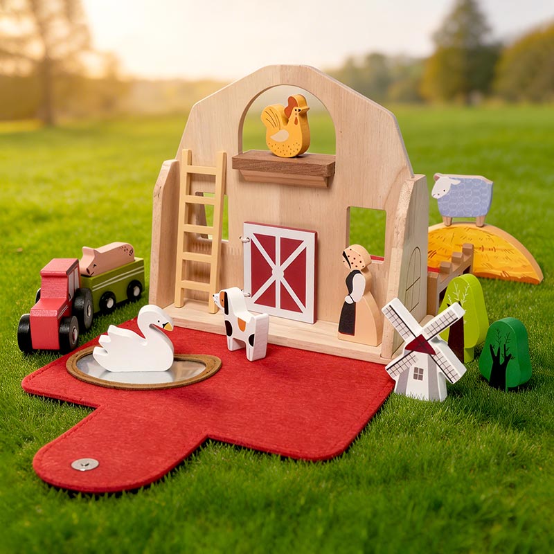 Portable Farm Playset with Wooden Animals and Carry Bag