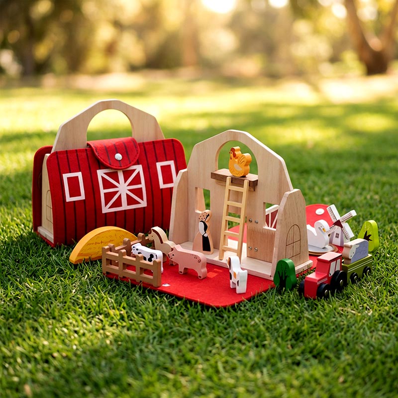 Portable Farm Playset with Wooden Animals and Carry Bag