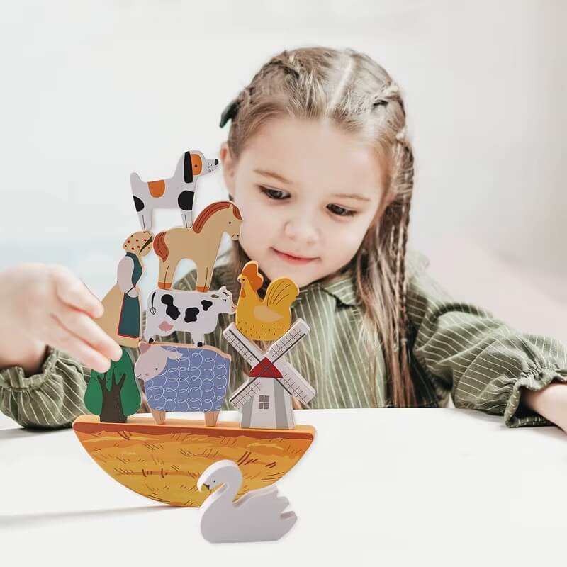 Portable Farm Playset with Wooden Animals and Carry Bag