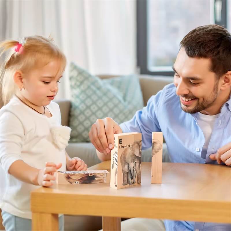 Wooden Animal Puzzle with Rotating Cubes and Letter Learning