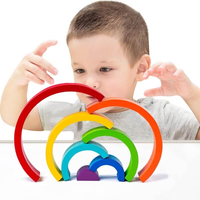Wooden Rainbow Stacker, 7 Arches and 7 Figurines Set
