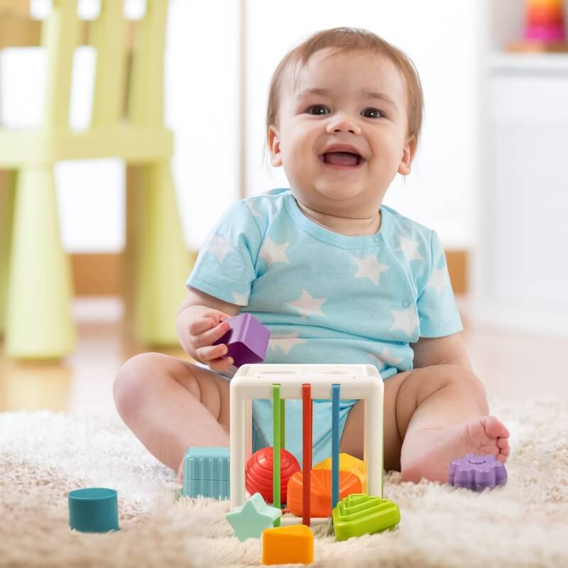 Shape Sorting Toy with 6 Textured Blocks and Elastic Strings