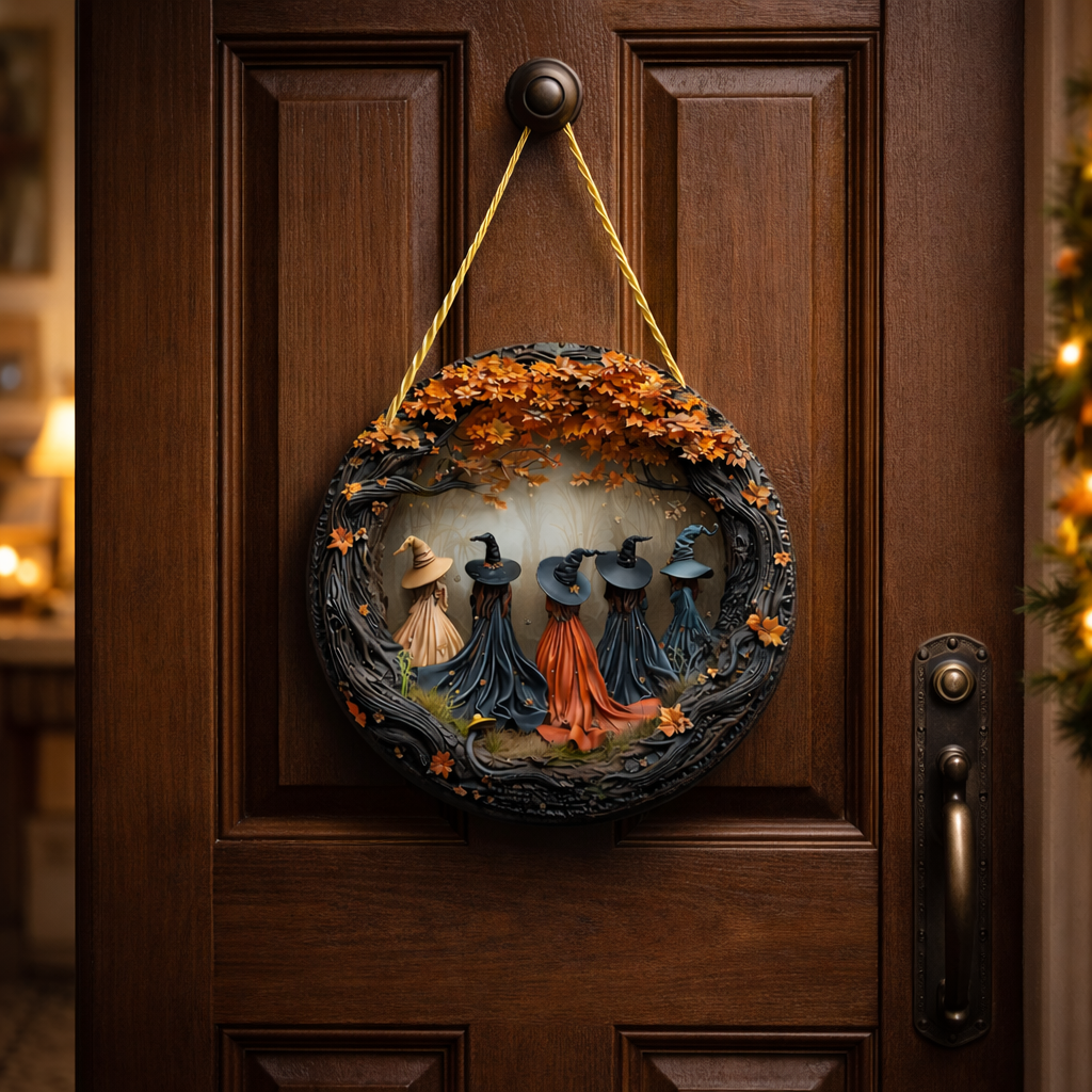 Wall Art Halloween Witch Round Wooden Door Hanging Decor