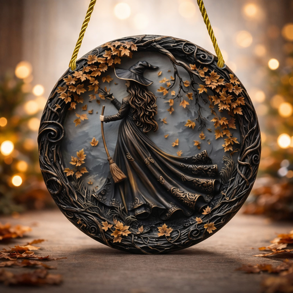 Wall Art Halloween Witch Round Wooden Door Hanging Decor