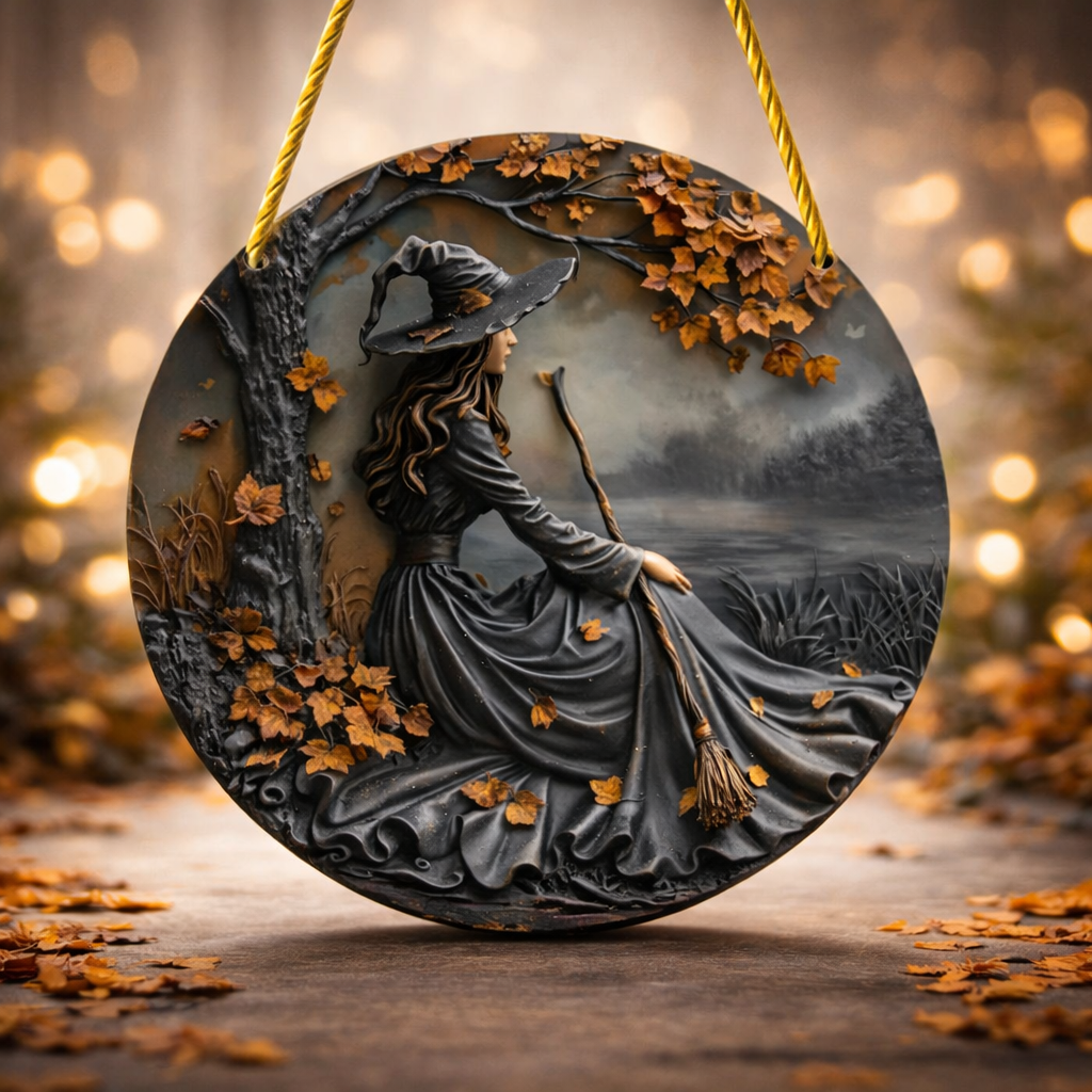 Wall Art Halloween Witch Round Wooden Door Hanging Decor