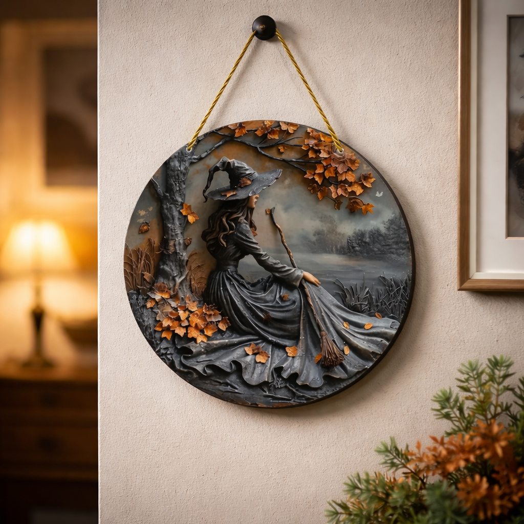 Wall Art Halloween Witch Round Wooden Door Hanging Decor