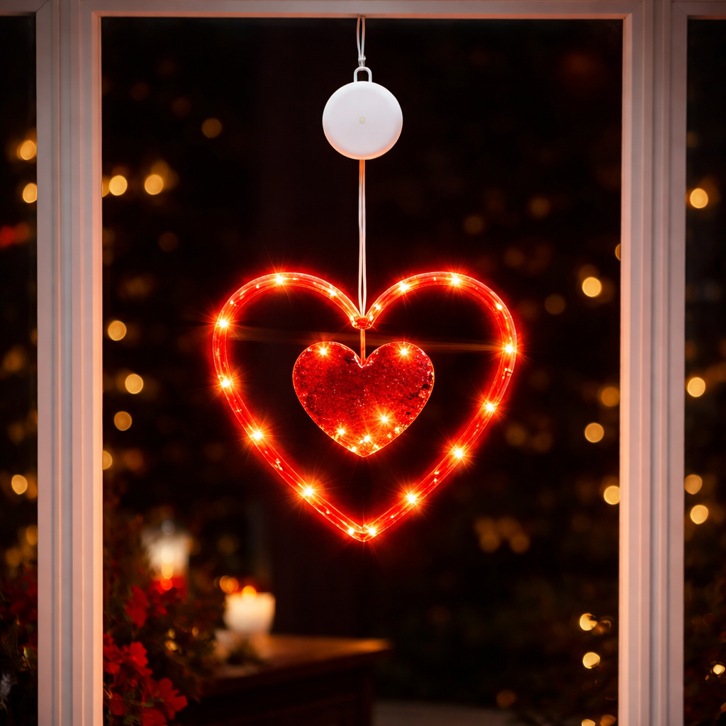Window Lights Heart LED Hanging Decoration Timer Battery Powered
