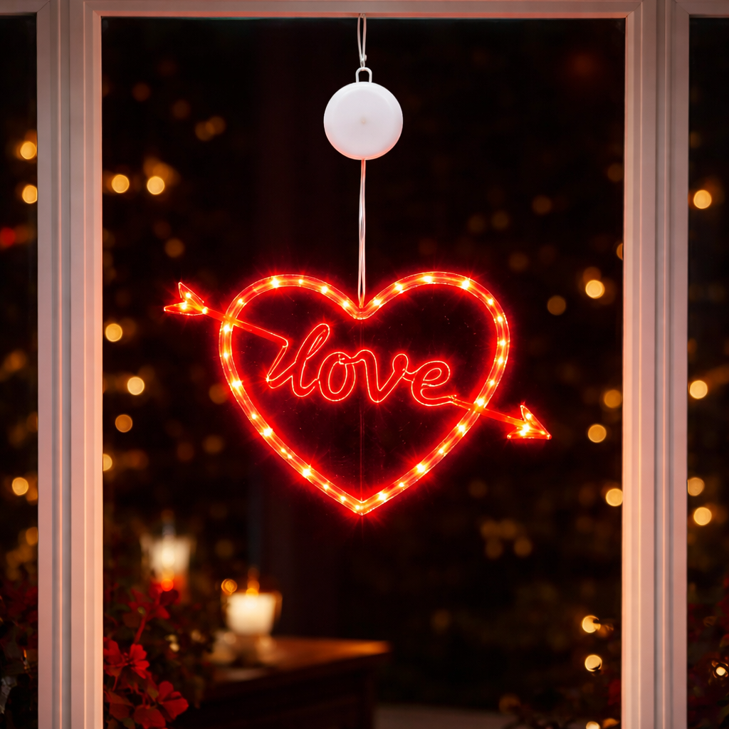Window Lights Heart LED Hanging Decoration Timer Battery Powered