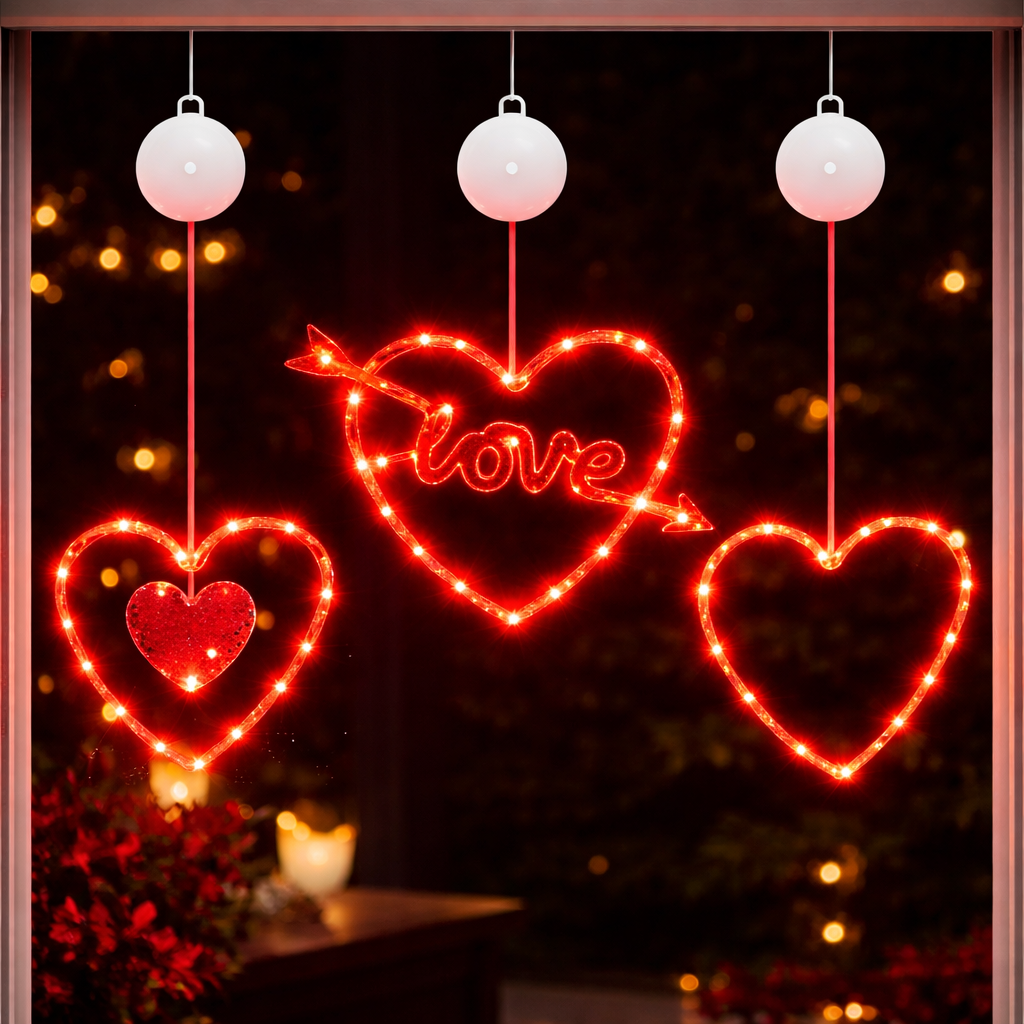 Window Lights Heart LED Hanging Decoration Timer Battery Powered