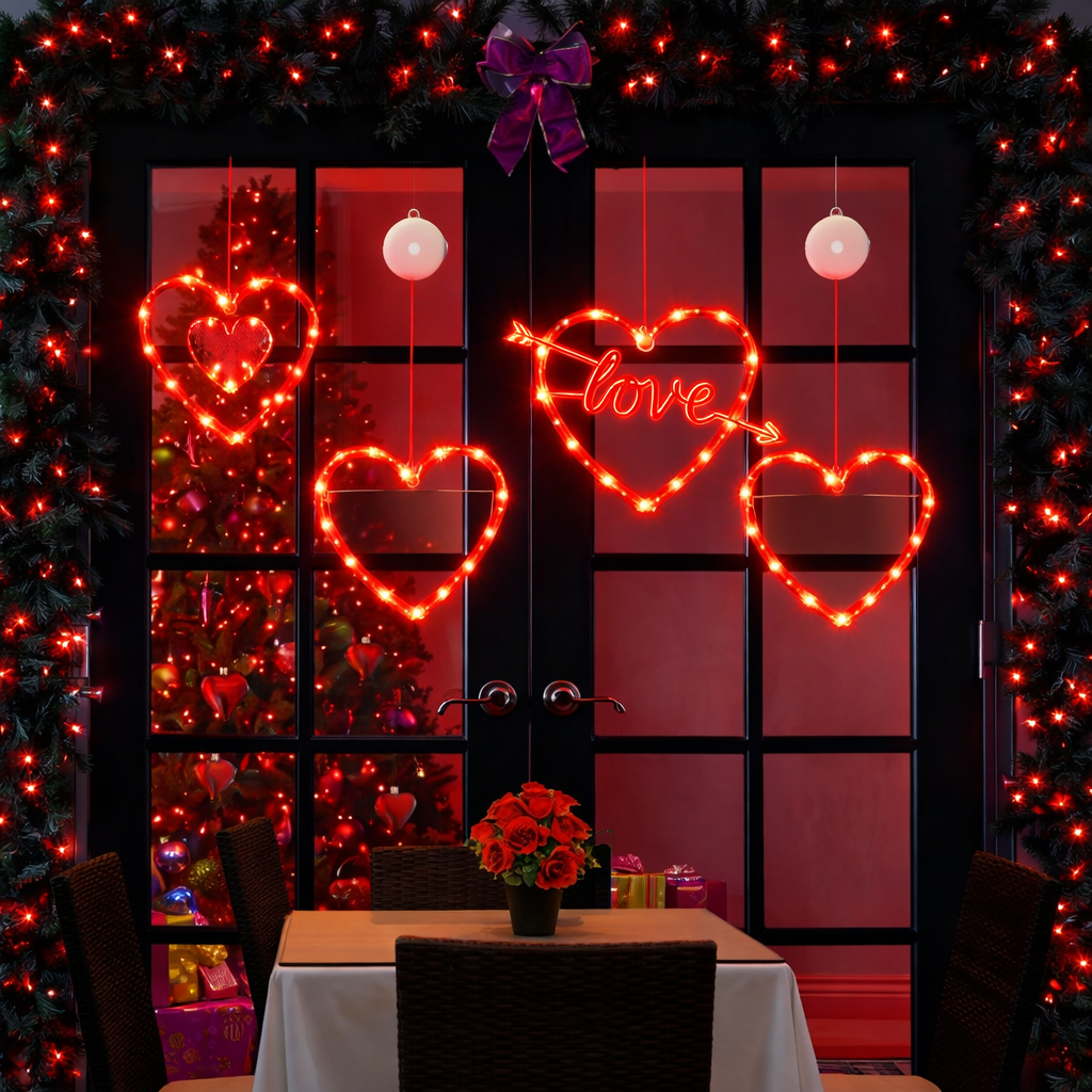 Window Lights Heart LED Hanging Decoration Timer Battery Powered