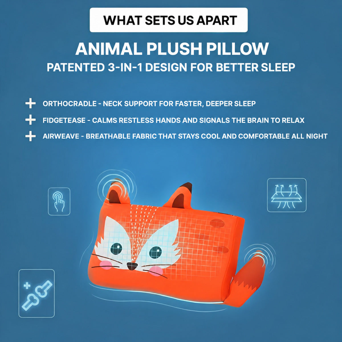 Animal Pillow for Kids with 3D Ears and Tail