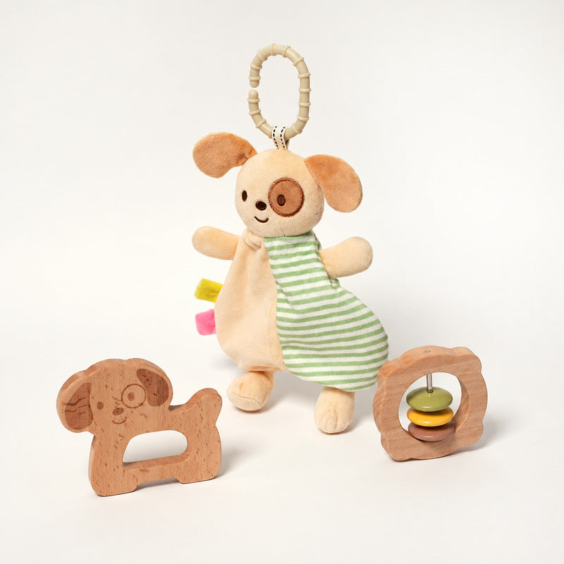 Baby Comfort Toy with Plush Dog, Rattle and Wooden Teether