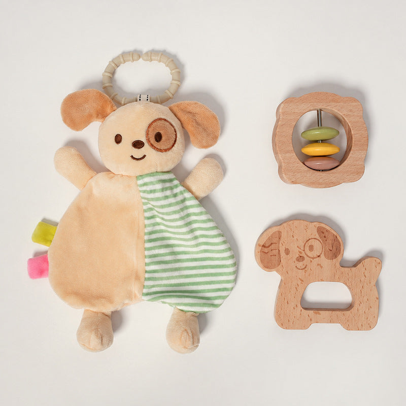 Baby Comfort Toy with Plush Dog, Rattle and Wooden Teether