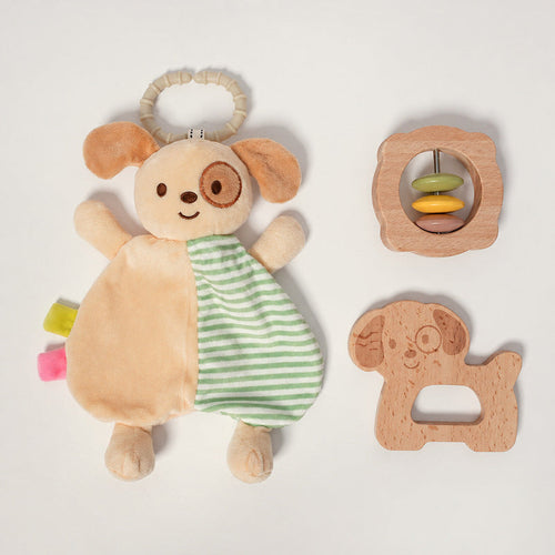 Baby Comfort Toy with Plush Dog, Rattle and Wooden Teether