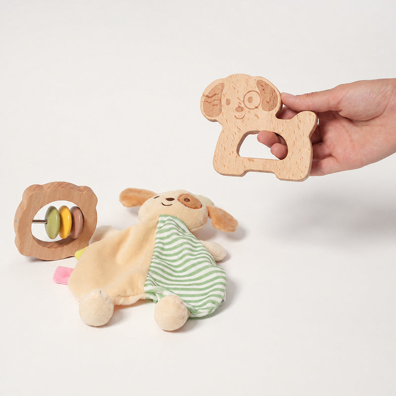 Baby Comfort Toy with Plush Dog, Rattle and Wooden Teether