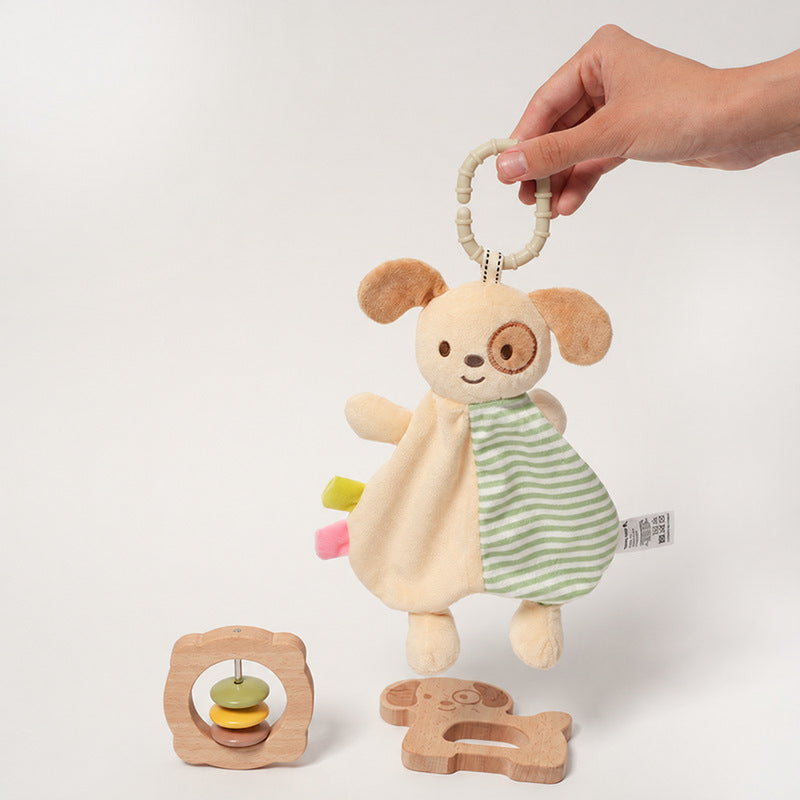 Baby Comfort Toy with Plush Dog, Rattle and Wooden Teether